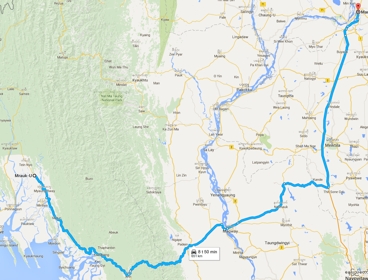 Google maps has increased its information on Myanmar, when I did the trip in January 2015 it could not provide route information. In December 2015 it just made the plan