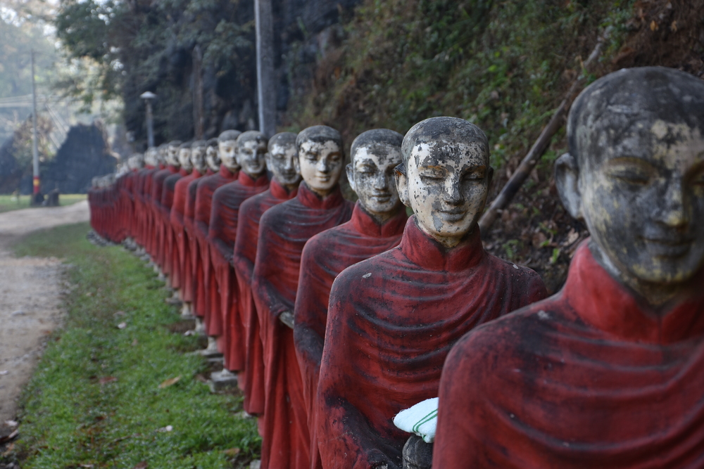 The monks line up for their morning walk.