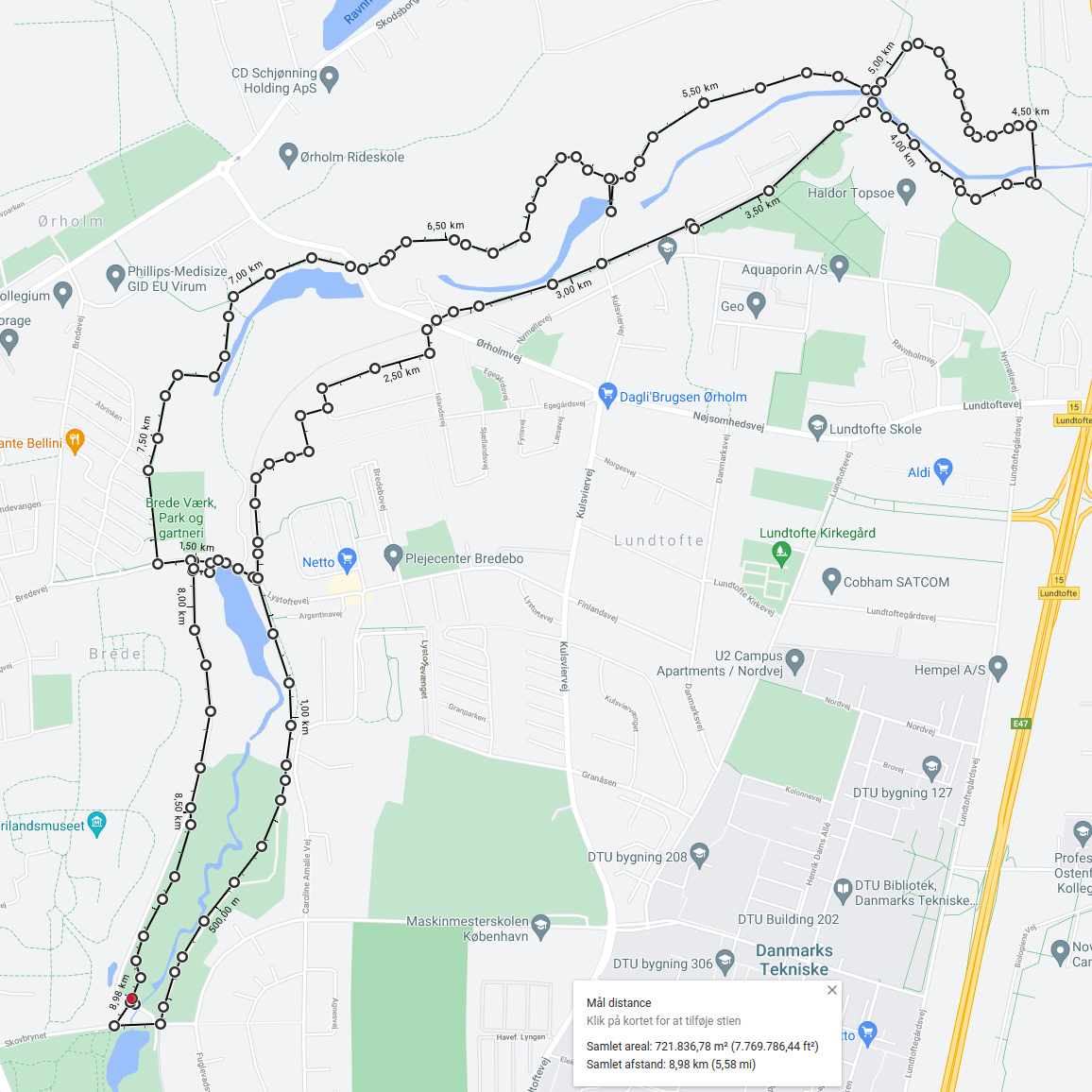 Map with route along Mølleåen